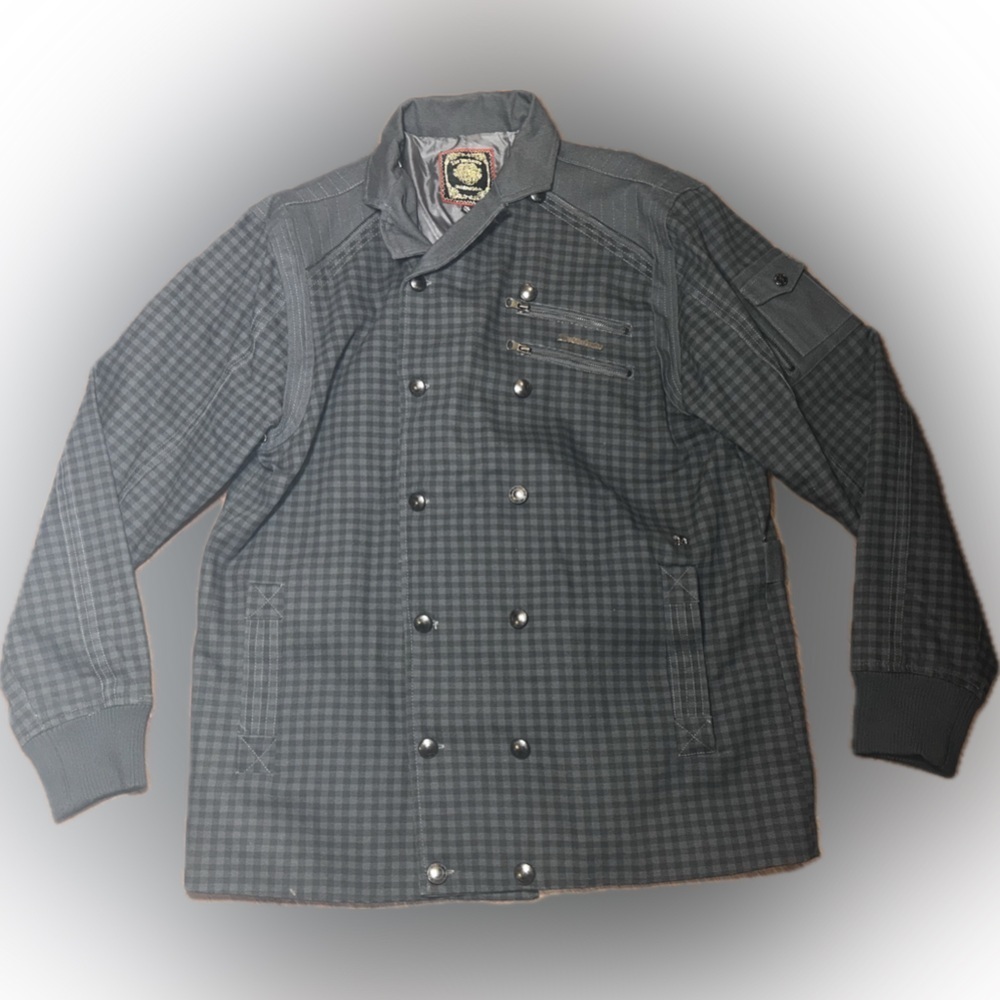 Live Mechanics Canvas Checked Plaid Gray Streetwear Moto Grunge Stud Coat 2XL